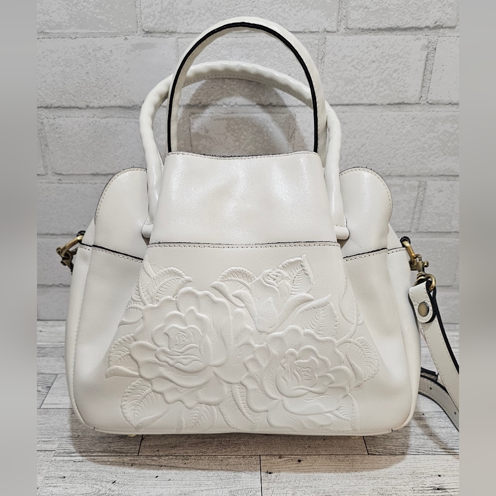 Patricia Nash Leather ASHFORD Crossbody Satchel Chalk White Rose Tooled Bag